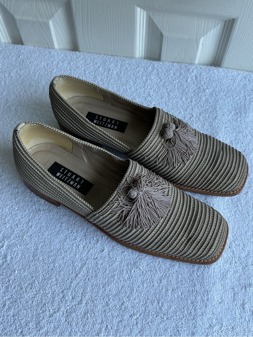 Stuart Weitzman Taupe Raffia Tassel Slip-Ons - Picture 3 of 15